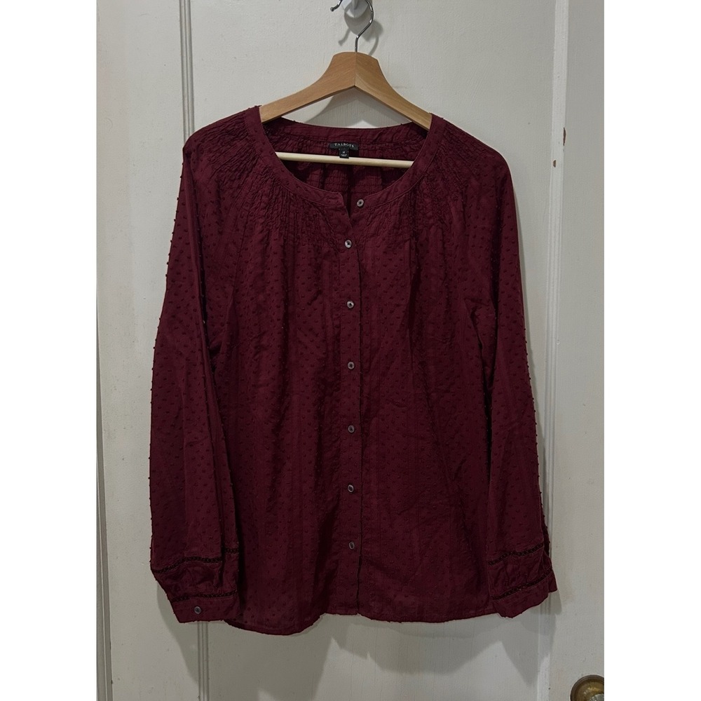 Talbots Womens Medium Burgundy Swiss Dot Pintuck Button Front Cotton Blouse Top